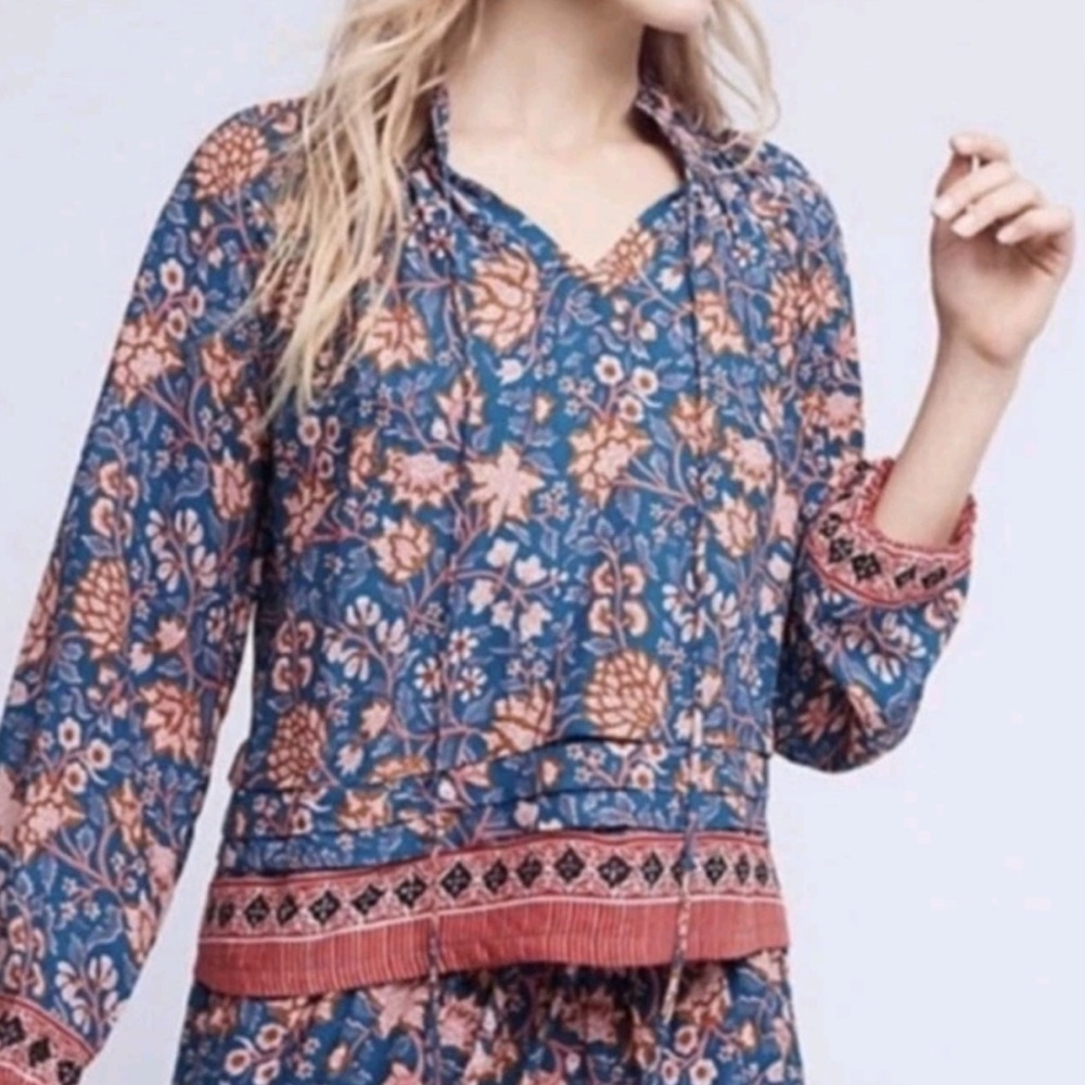 Natalie Martin Floral Peasant Blouse Blue & Pink Sz XS